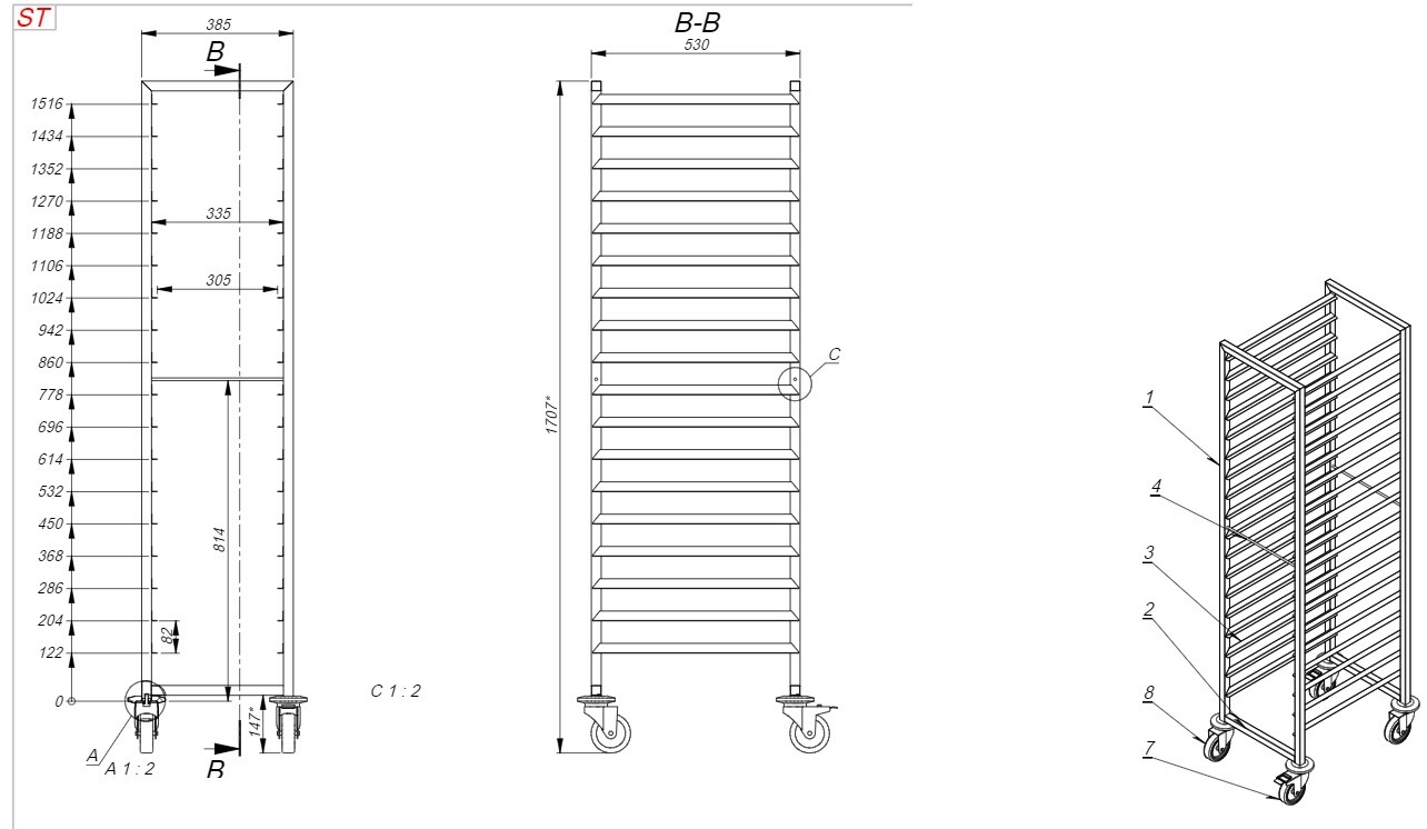 Combisteel Clearing Trolley 1/1 GN, 18 Guide Pairs, 1800mm Height 2