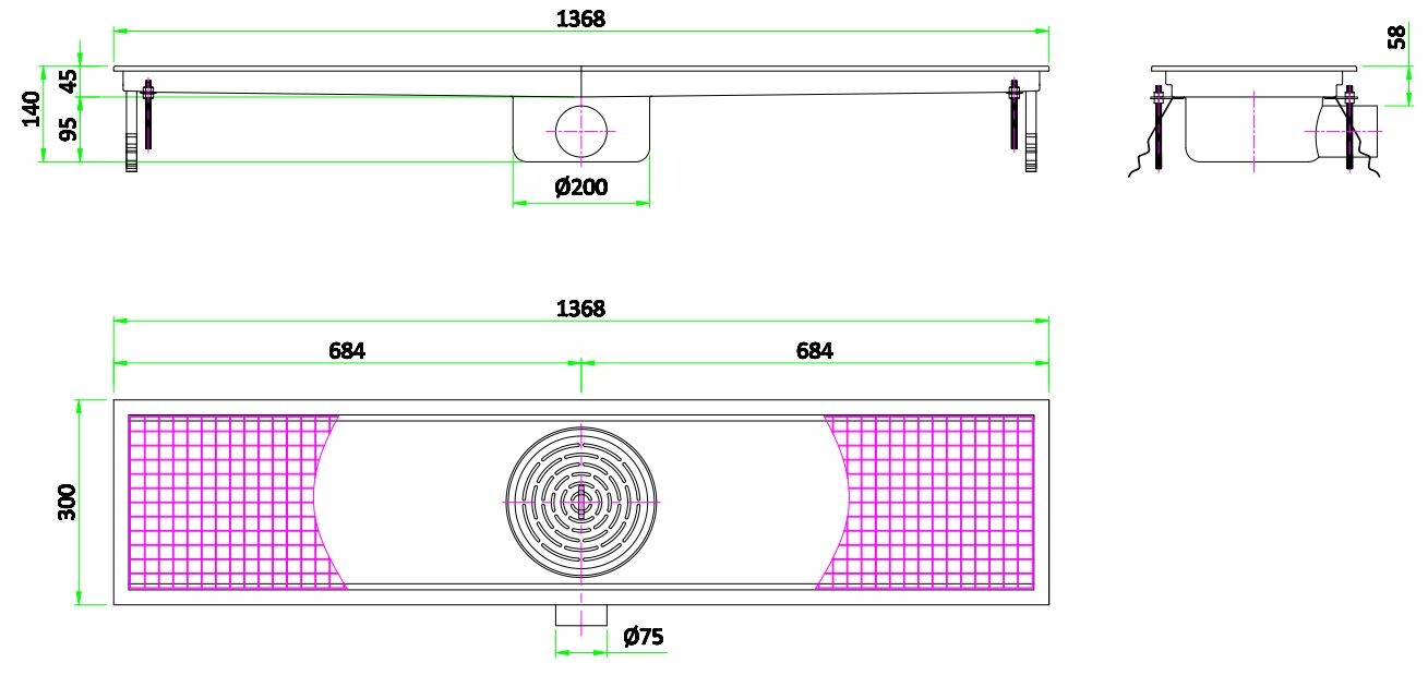 Combisteel Floor Grid 1368x300mm, Stainless Steel Drainage 2