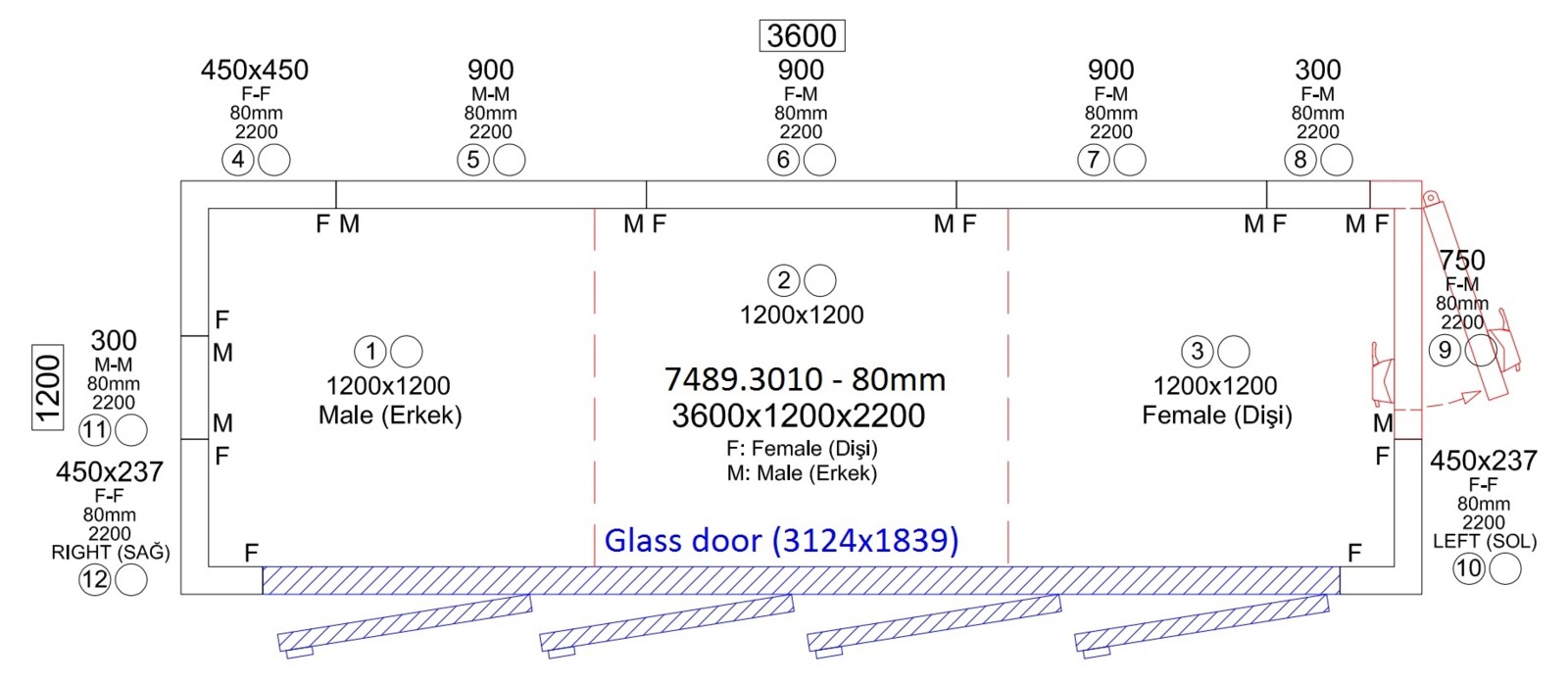 Cold Room 3600x1200x2200 with 4 Glass Doors, 7.5m³ Capacity 2