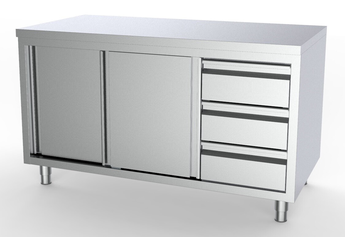 Combisteel Worktable 1400mm Sliding Doors Drawers Right 700mm 1