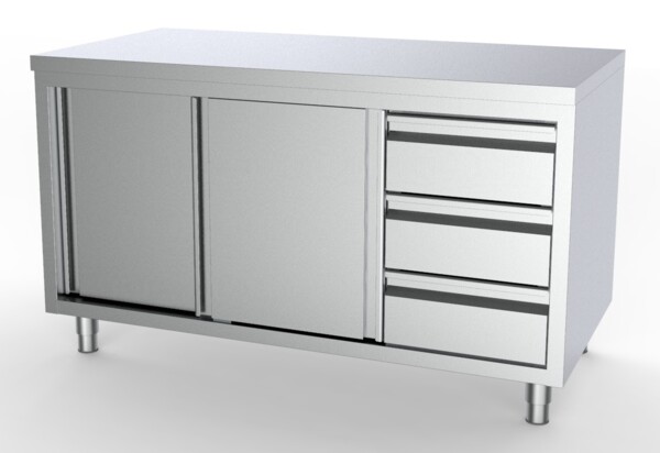 Combisteel Worktable 1400mm Sliding Doors Drawers Right 700mm